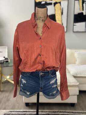 Petites Pure Silk Rust Button Up Long Sleeve Blouse Size 16